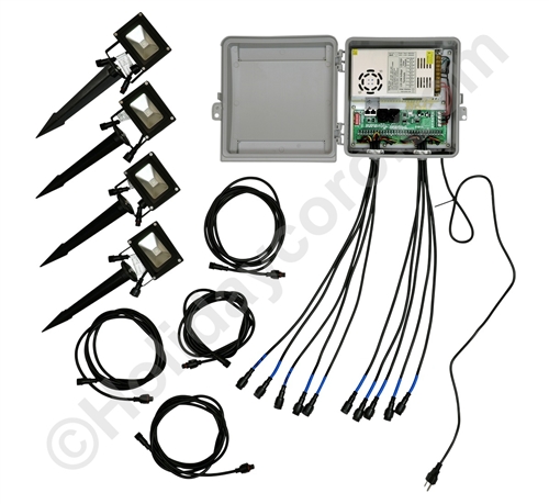 PRODUCT PHOTO:  25 Ft / 7.6 Meter Coverage RGB 10w Flood Coverage Kit with Controlller, Lights and Cables Ready2Run with 4 Floods