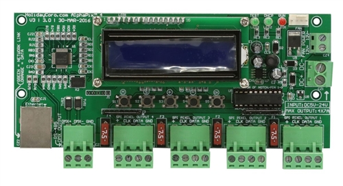 PRODUCT PHOTO: AlphaPix Classic 4 V2 - E1.31 & ArtNet to SPI Pixel Controller w/LCD Display - 4 SPI + 1 RS485 Outputs